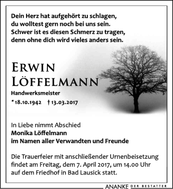 Traueranzeige von Erwin Löffelmann von Leipziger Volkszeitung