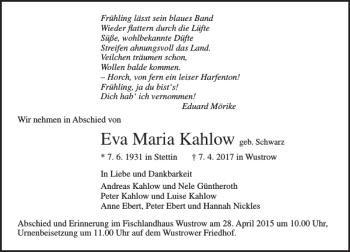Traueranzeige von Eva Maria Kahlow von Ostsee-Zeitung