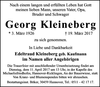 Traueranzeige von Georg Kleineberg von HAZ/NP