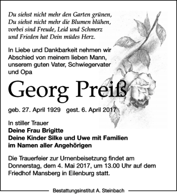 Traueranzeige von Georg Preiß von Leipziger Volkszeitung