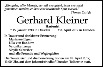 Traueranzeige von Gerhard Kleiner von Dresdner Neueste Nachrichten