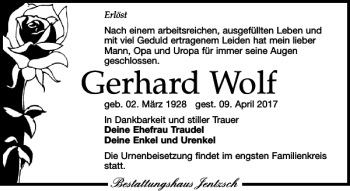 Traueranzeige von Gerhard Wolf von Leipziger Volkszeitung