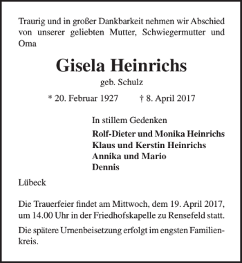 Traueranzeige von Gisela Heinrichs von Lübecker Nachrichten