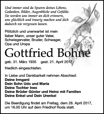 Traueranzeige von Gottfried Bohne von Leipziger Volkszeitung