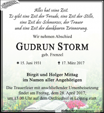 Traueranzeige von Gudrun Storm von Leipziger Volkszeitung
