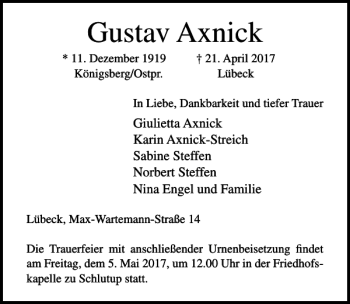 Traueranzeige von Gustav Axnick von Lübecker Nachrichten
