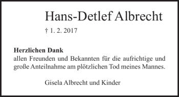 Traueranzeige von Hans-Detlef Albrecht von Ostsee-Zeitung