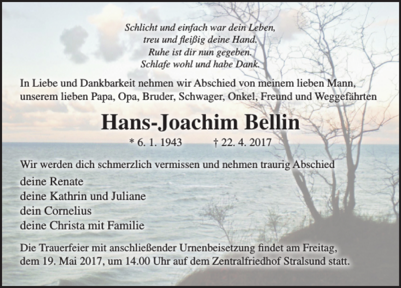  Traueranzeige für Hans-Joachim Bellin vom 29.04.2017 aus Ostsee-Zeitung