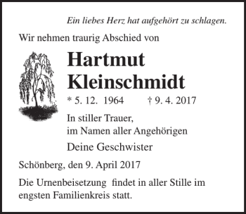 Traueranzeige von Hartmut Kleinschmidt von Ostsee-Zeitung