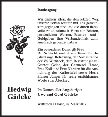 Traueranzeige von Hedwig Gädeke von MAZ-Trauer.de