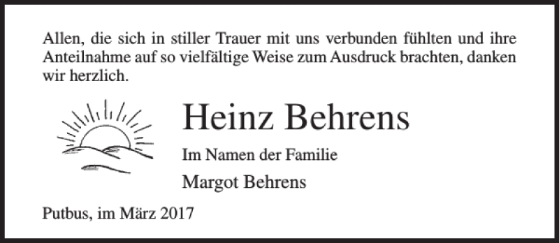  Traueranzeige für Heinz Behrens vom 22.04.2017 aus Ostsee-Zeitung