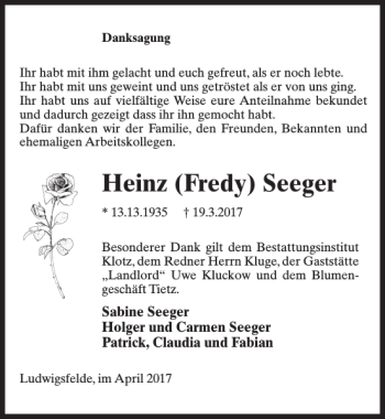 Traueranzeige von Heinz Seeger von MAZ-Trauer.de