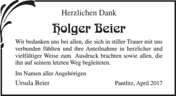 Traueranzeige von Holger Beier von Ostsee-Zeitung
