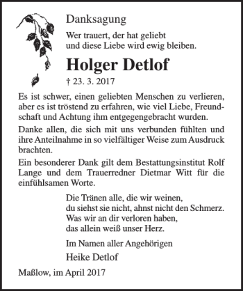 Traueranzeige von Holger Detlof von Ostsee-Zeitung