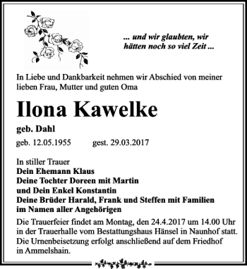 Traueranzeige von Ilona Kawelke von Leipziger Volkszeitung
