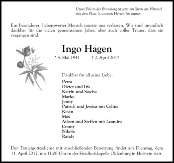 Traueranzeige von Ingo Hagen von Lübecker Nachrichten