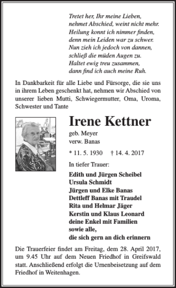 Traueranzeige von Irene Kettner von Ostsee-Zeitung