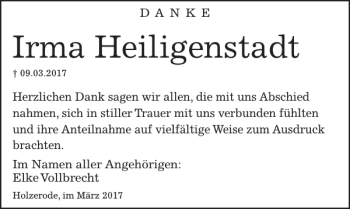 Traueranzeige von Irma Heiligenstadt von Göttinger Tageblatt