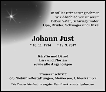 Traueranzeige von Johann Just von Aller Zeitung / Wolfsburger Allgemeine