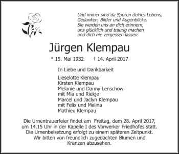 Traueranzeige von Jürgen Klempau von Lübecker Nachrichten