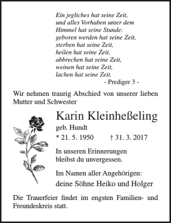 Traueranzeige von Karin Kleinheßeling von Ostsee-Zeitung