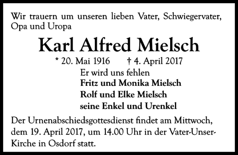  Traueranzeige für Karl Alfred Mielsch vom 08.04.2017 aus Kieler Nachrichten / Segeberger Zeitung