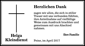 Traueranzeige von Kleindienst  von Peiner Allgemeine Zeitung