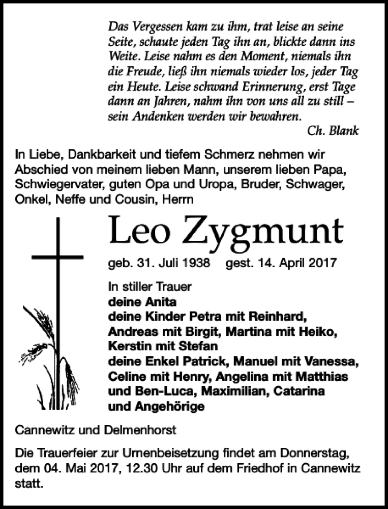  Traueranzeige für Leo Zygmunt vom 22.04.2017 aus Leipziger Volkszeitung