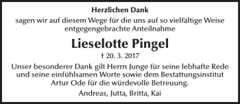 Traueranzeige von Lieselotte Pingel von Lübecker Nachrichten
