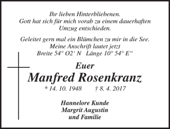 Traueranzeige von Manfred Rosenkranz von Lübecker Nachrichten