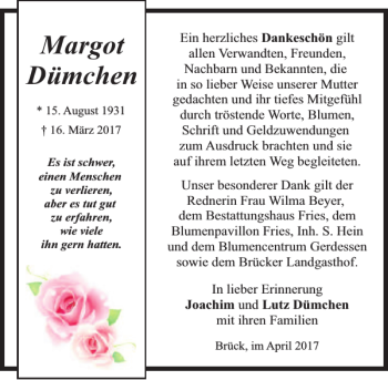 Traueranzeige von Margot Dümchen von MAZ-Trauer.de