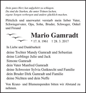 Traueranzeige von Mario Gamradt von Ostsee-Zeitung