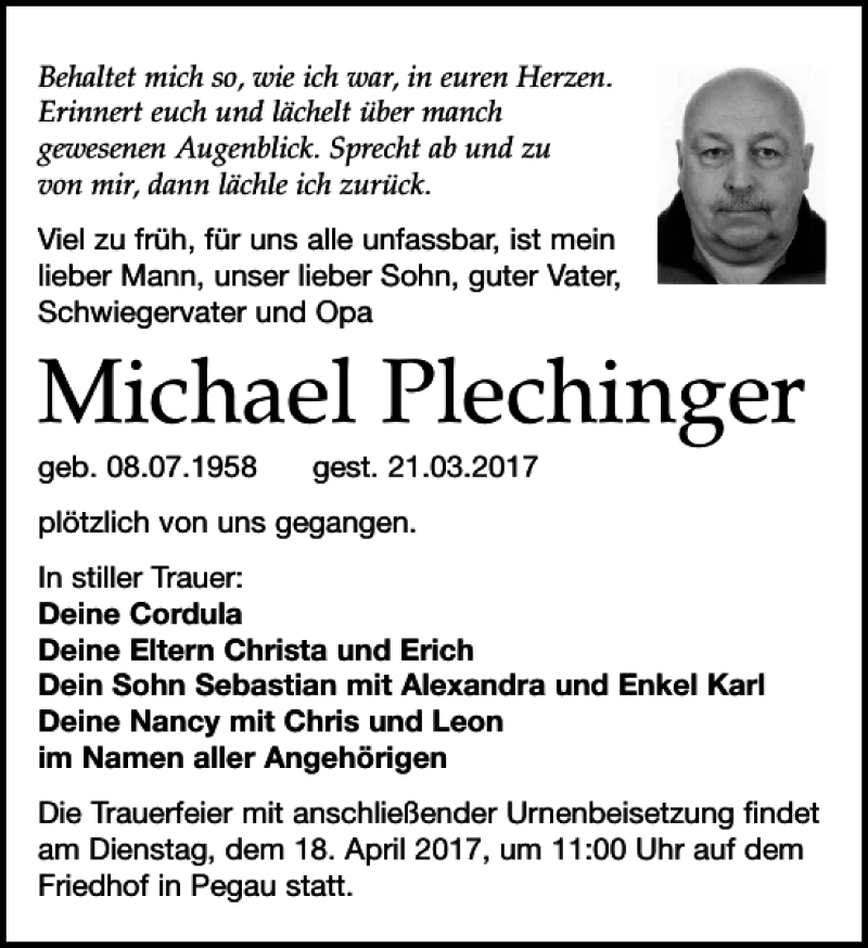  Traueranzeige für Michael Plechinger vom 05.04.2017 aus Leipziger Volkszeitung