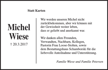 Traueranzeige von Michel Wiese von Kieler Nachrichten / Segeberger Zeitung