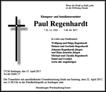 Traueranzeige von Paul Regenhard von Göttinger Tageblatt