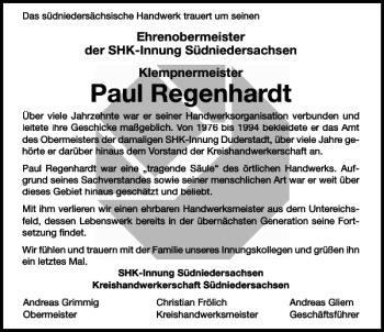 Traueranzeige von Paul Regenhardt von Göttinger Tageblatt