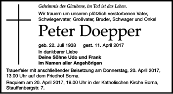 Traueranzeige von Peter Doepper von Leipziger Volkszeitung