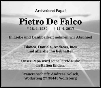 Traueranzeige von Pietro De Falco von Aller Zeitung / Wolfsburger Allgemeine