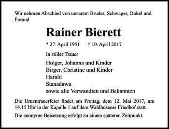 Traueranzeige von Rainer Bierett von Lübecker Nachrichten