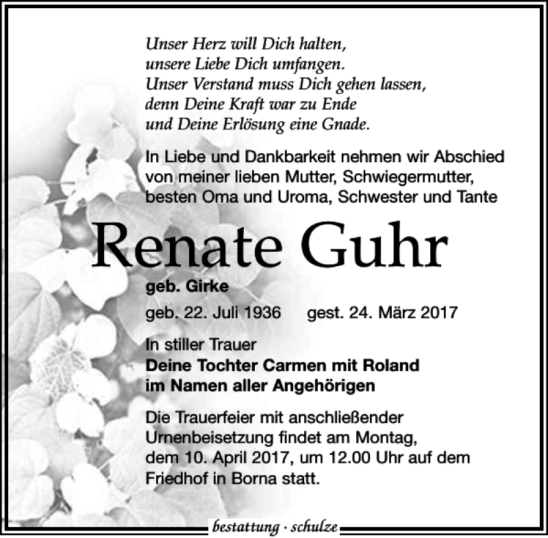  Traueranzeige für Renate Guhr vom 01.04.2017 aus Leipziger Volkszeitung