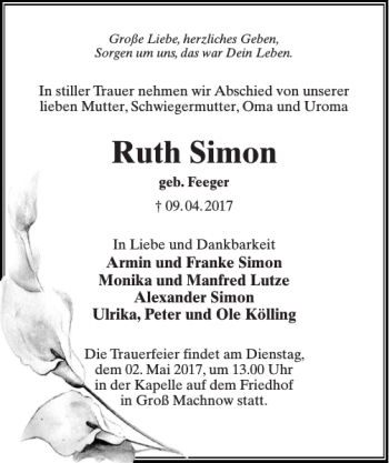Traueranzeige von Ruth Simon von MAZ-Trauer.de