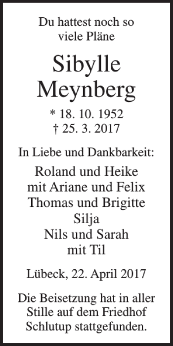 Traueranzeige von Sibylle Meynberg von Lübecker Nachrichten