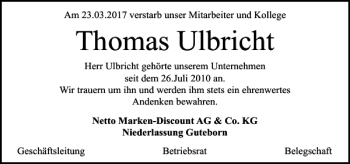 Traueranzeige von Thomas Ulbricht von Leipziger Volkszeitung