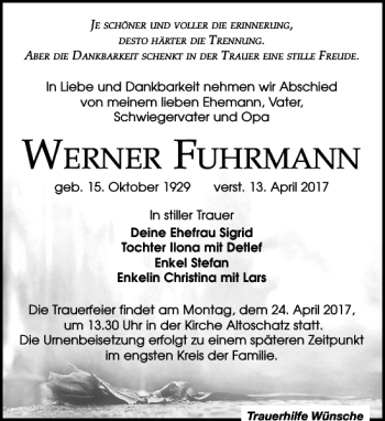 Traueranzeige von Werner Fuhrmann von Leipziger Volkszeitung