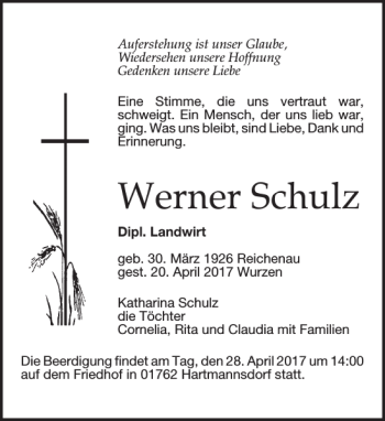 Traueranzeige von Werner Schulz von Leipziger Volkszeitung