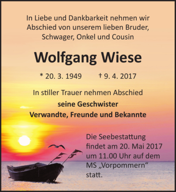 Traueranzeige von Wolfgang Wiese von Ostsee-Zeitung