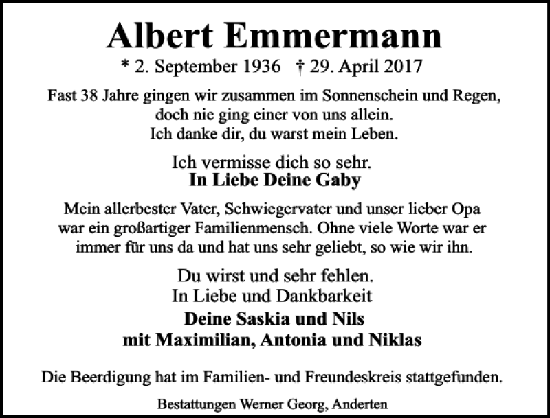  Traueranzeige für Albert Emmermann vom 13.05.2017 aus HAZ/NP