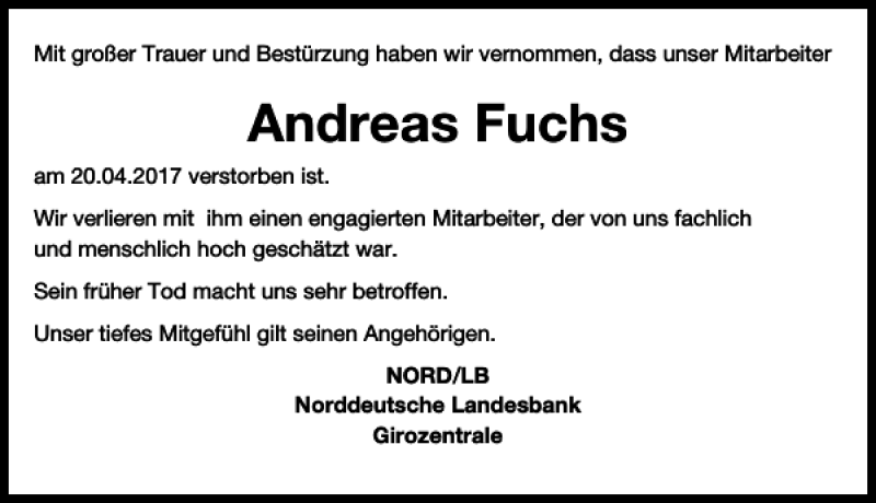  Traueranzeige für Andreas Fuchs vom 09.05.2017 aus HAZ/NP