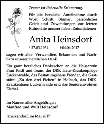 Traueranzeige von Anita Heinsdorf von MAZ-Trauer.de