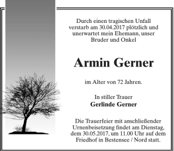 Traueranzeige von Armin Gerner von MAZ-Trauer.de